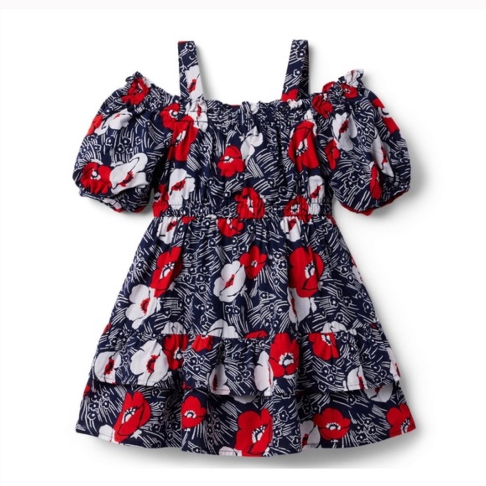 Janie and Jack Floral Cold Shoulder Puff Sleeve Dress Sz 6 Cotton Red Blue